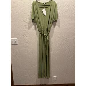 Splendid V-Neck Olive Sage Green Maxi Dress with elastic waist XL
